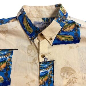 HOOK & TACKLE Men Yellow Fish Tropical Button Up Fishing Shirt Short Sleeve M